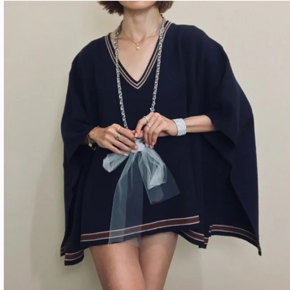 House of Harlow 1960 navy stripe accent plush poncho sweater